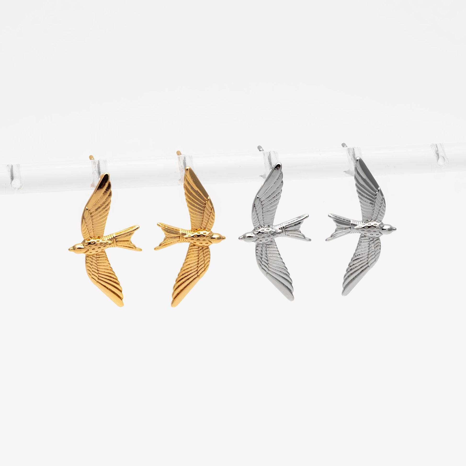 10pcs Gold/ Silver Tone Swallow Earrings, 18K Real Gold/ Rhodium Plated Brass, Bird Stud Earrings (GB-4675)
