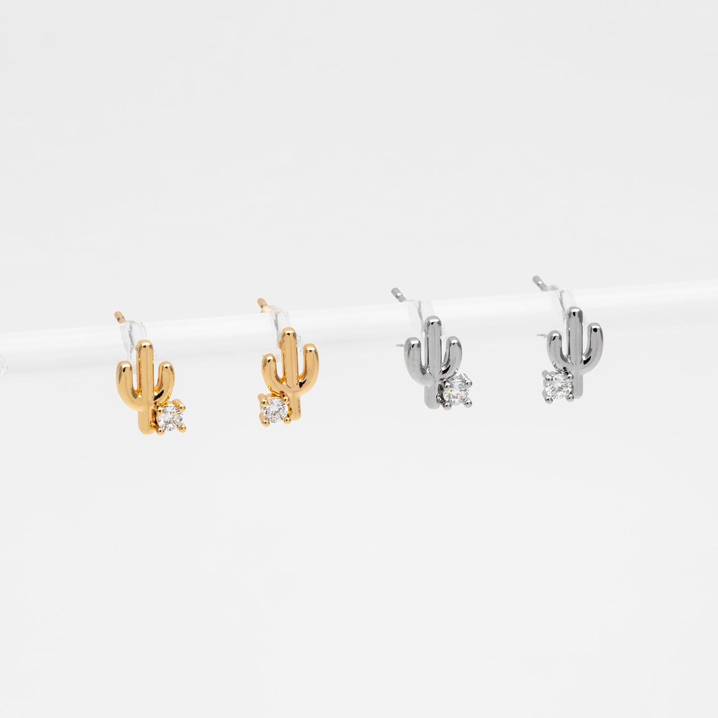 10pcs CZ Pave Gold/ Silver Cactus Stud Earrings, 18K Gold/ Rhodium plated Brass, Minimalist Stud Earring (GB-4676)