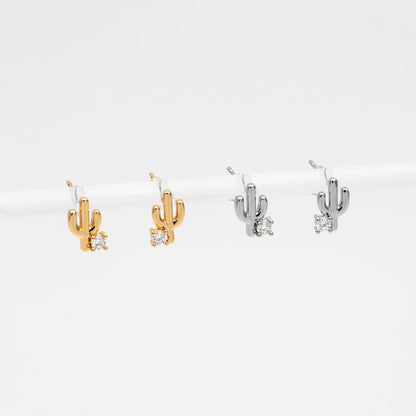 10pcs CZ Pave Gold/ Silver Cactus Stud Earrings, 18K Gold/ Rhodium plated Brass, Minimalist Stud Earring (GB-4676)
