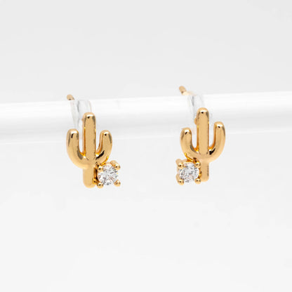 10pcs CZ Pave Gold/ Silver Cactus Stud Earrings, 18K Gold/ Rhodium plated Brass, Minimalist Stud Earring (GB-4676)