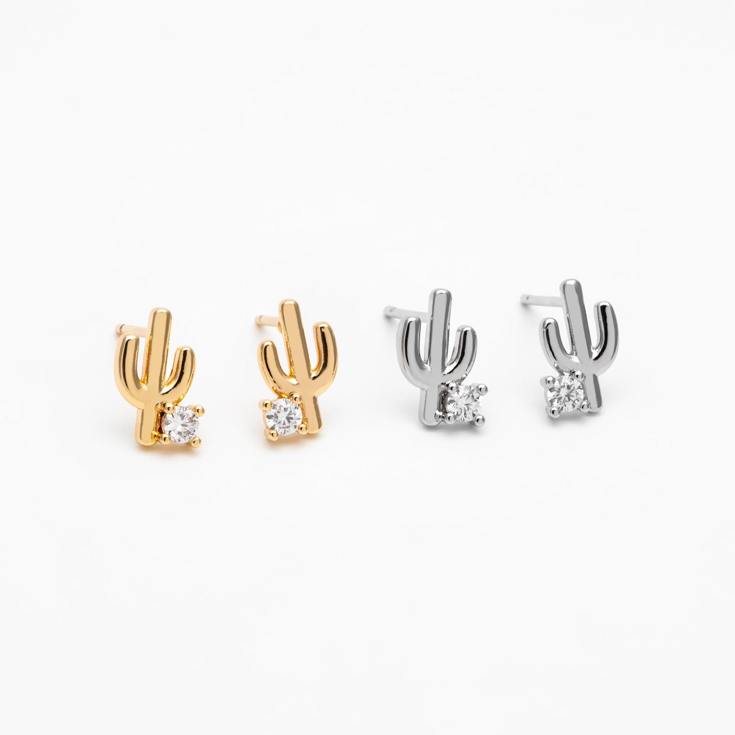 10pcs CZ Pave Gold/ Silver Cactus Stud Earrings, 18K Gold/ Rhodium plated Brass, Minimalist Stud Earring (GB-4676)