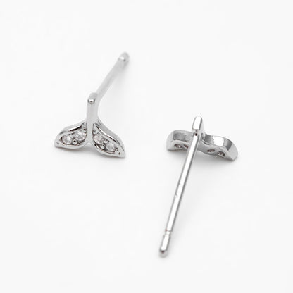 10pcs CZ pave Gold/ Silver Whale Tail Earrings, Real Gold/ Rhodium Plated Brass, Fish Tail Stud Earrings (#GB-4677)