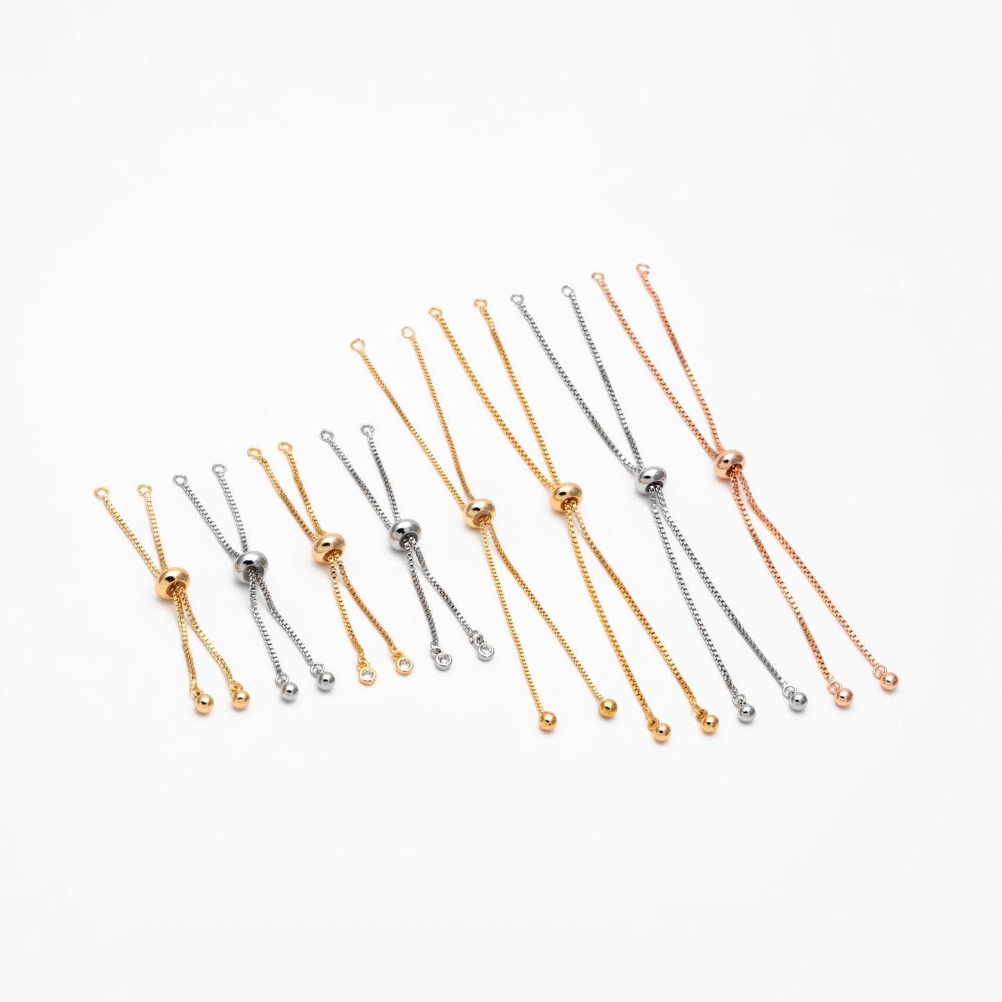 10pcs Gold/ Silver/ Rose gold Sliding Adjustable Bracelet Making Chain, Half-finished Bracelet with Rubber Stopper Beads (GB-269)