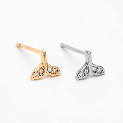10pcs CZ pave Gold/ Silver Whale Tail Earrings, Real Gold/ Rhodium Plated Brass, Fish Tail Stud Earrings (#GB-4677)