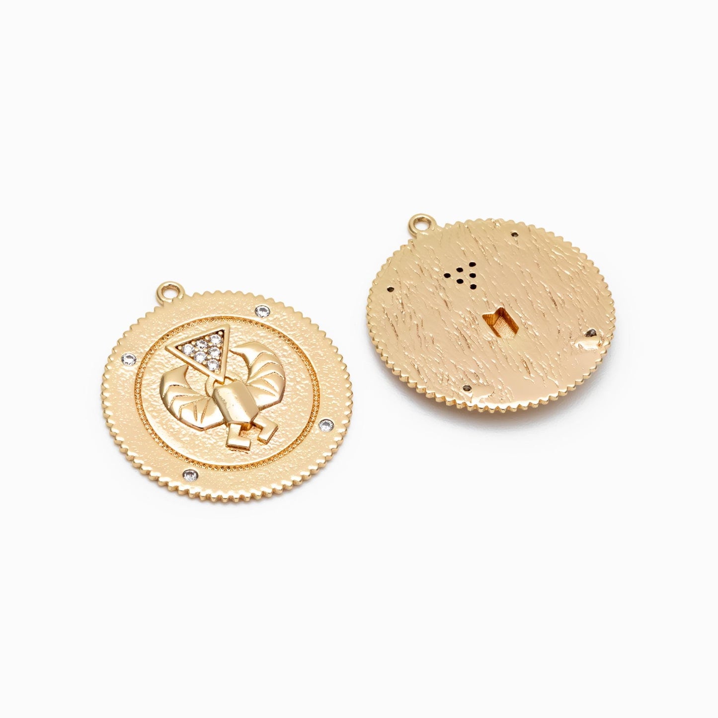 4pcs CZ Pave Gold Cancer Charm, Real Gold plated Brass, Round Coin Disk Pendants (GB-1872-E)