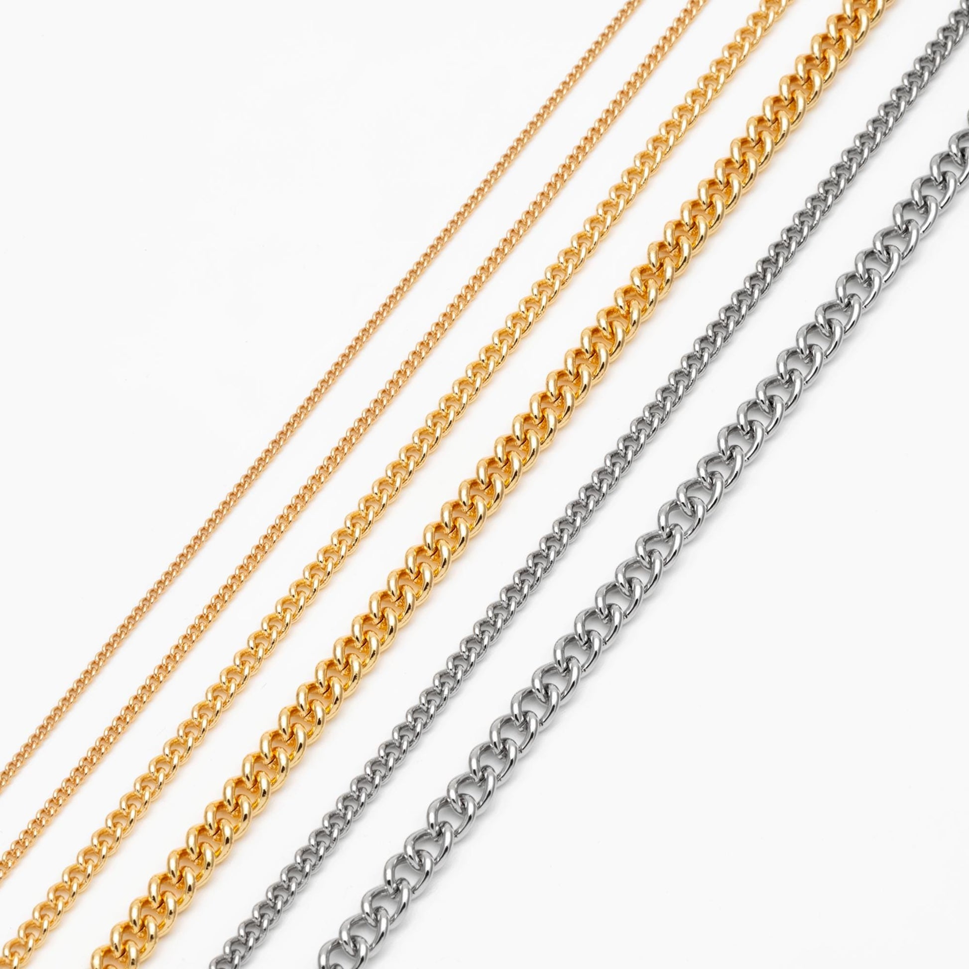 Gold/ Silver Tone Curb Chains 1.3/ 1.6/ 2.5/ 4mm, 18K Gold/ Rhodium plated Brass (#LK-249)/ 1 Meter=3.3 ft