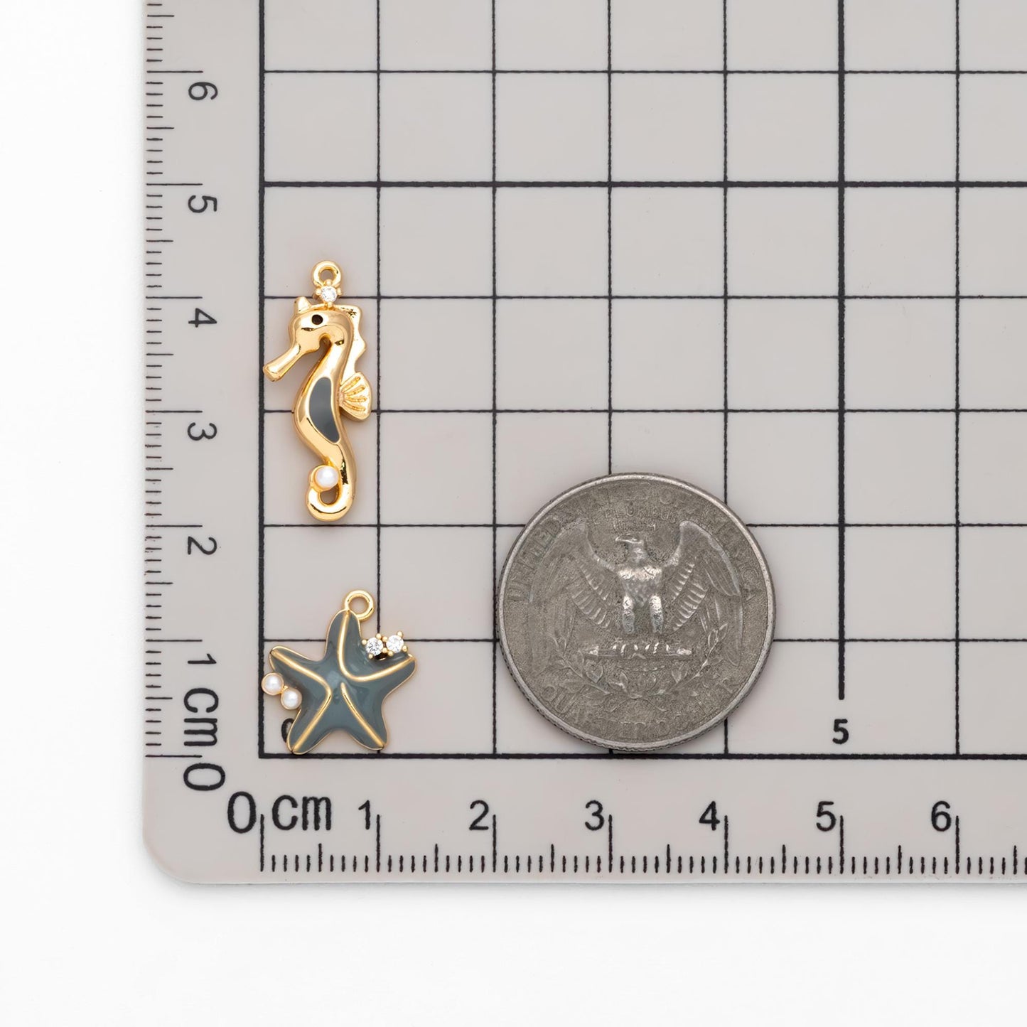 4pcs CZ Pave Enamel Seahorse and Starfish Charms, Gold plated Brass Marine Animal Charms (GB-4679)