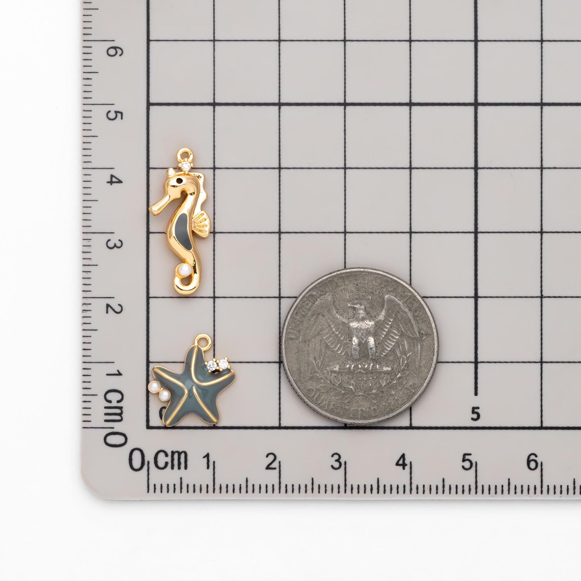 4pcs CZ Pave Enamel Seahorse and Starfish Charms, Gold plated Brass Marine Animal Charms (GB-4679)