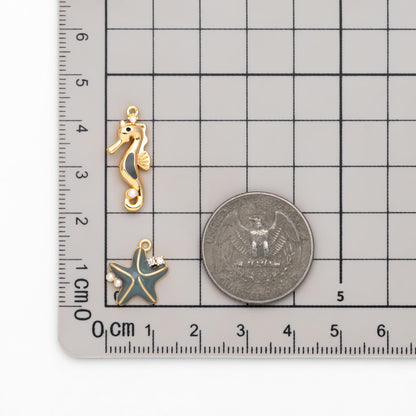 4pcs CZ Pave Enamel Seahorse and Starfish Charms, Gold plated Brass Marine Animal Charms (GB-4679)