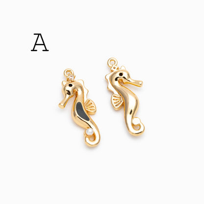 4pcs CZ Pave Enamel Seahorse and Starfish Charms, Gold plated Brass Marine Animal Charms (GB-4679)