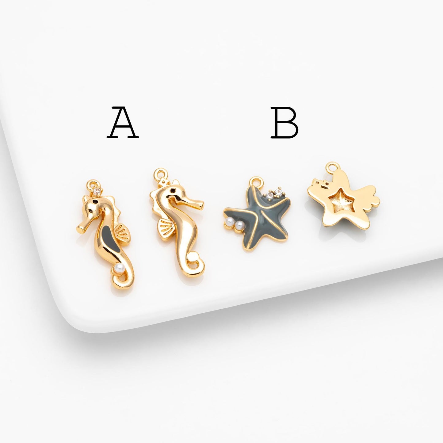 4pcs CZ Pave Enamel Seahorse and Starfish Charms, Gold plated Brass Marine Animal Charms (GB-4679)