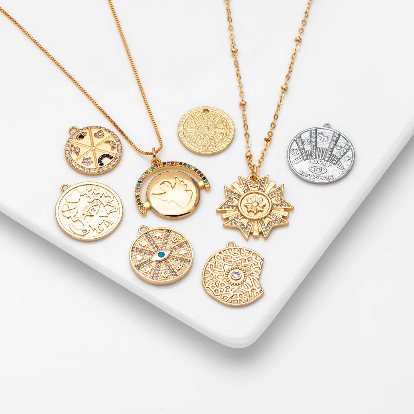 4pcs Gold/ Silver Talisman Charm, lucky charm, Lucky Medallion Pendant for Necklace Jewelry Making Supply (GB-1766)