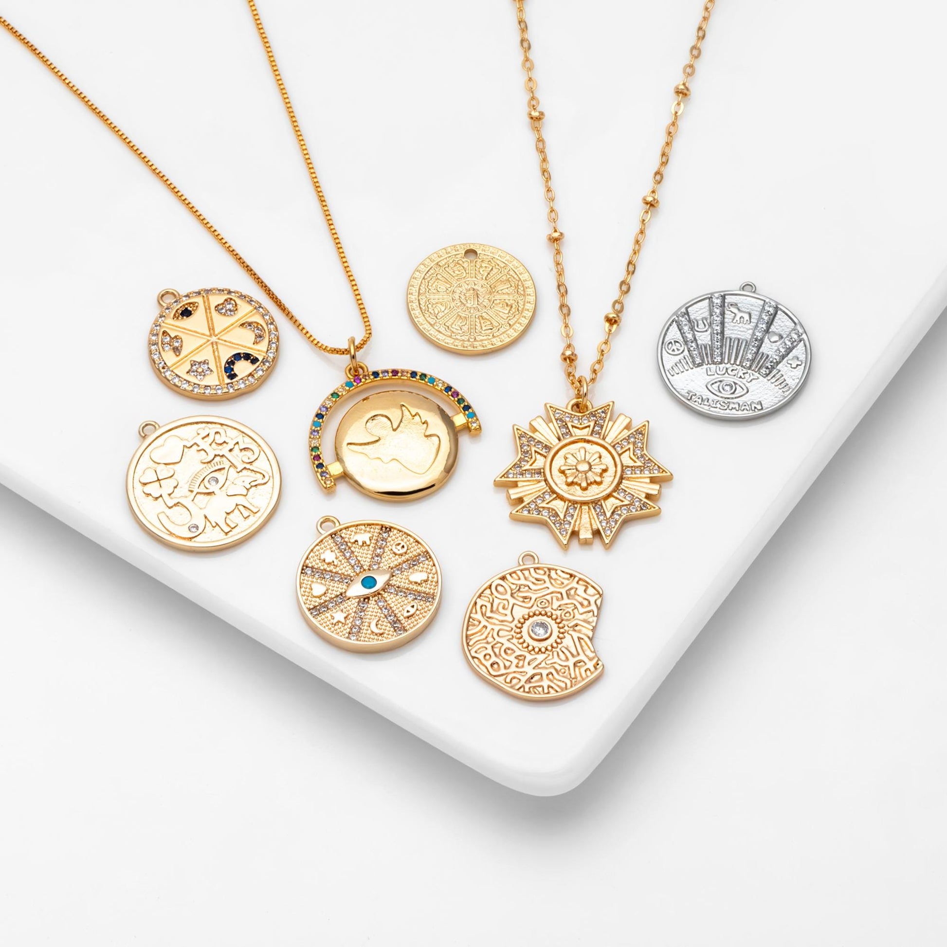 4pcs Gold/ Silver Talisman Charm, lucky charm, Lucky Medallion Pendant for Necklace Jewelry Making Supply (GB-1766)