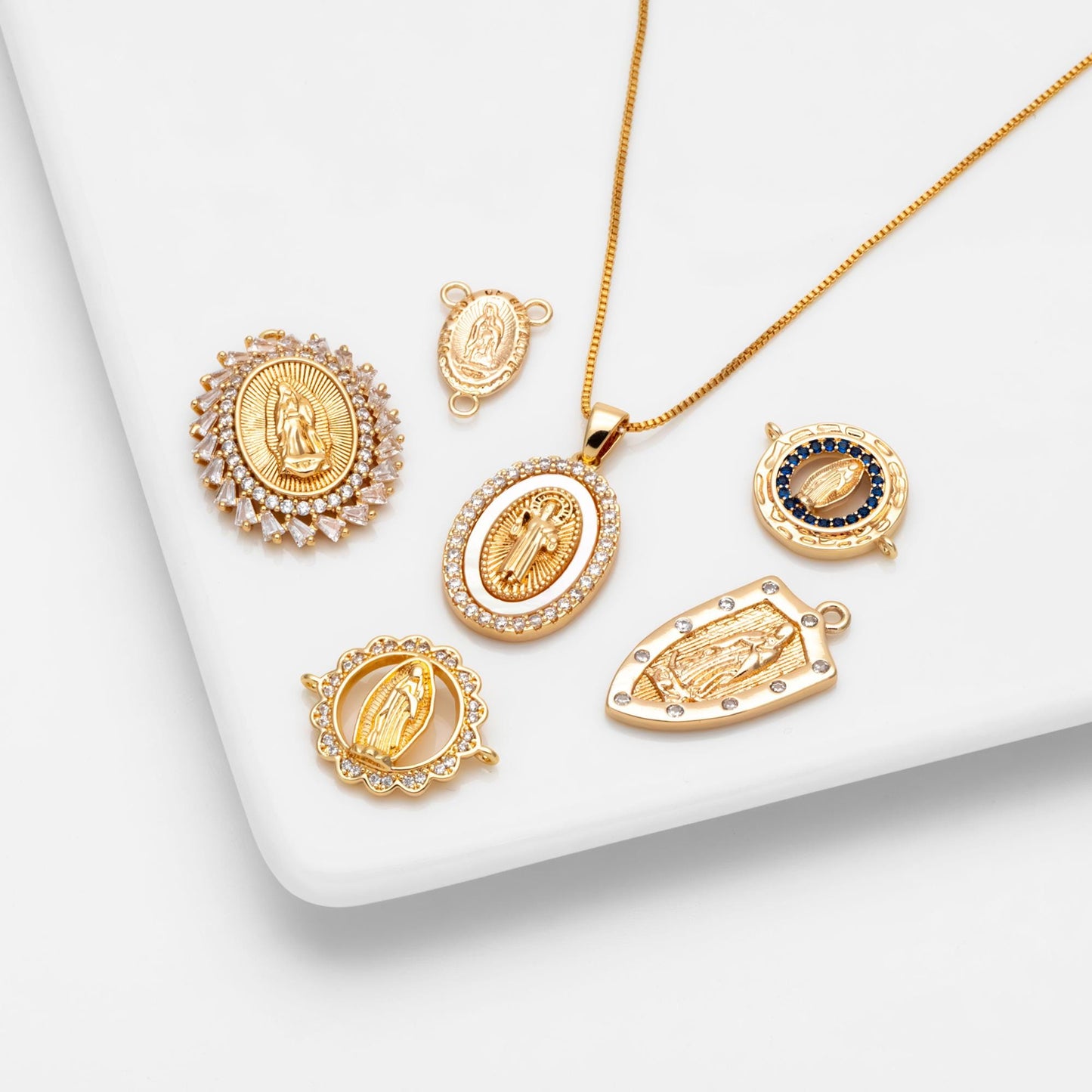 4pcs Gold Virgin Mother Mary Charm Connectors, Catholic Baptism Lady Guadalupe Charm, Medallion Religious Jewelry Craft (GB-4395)