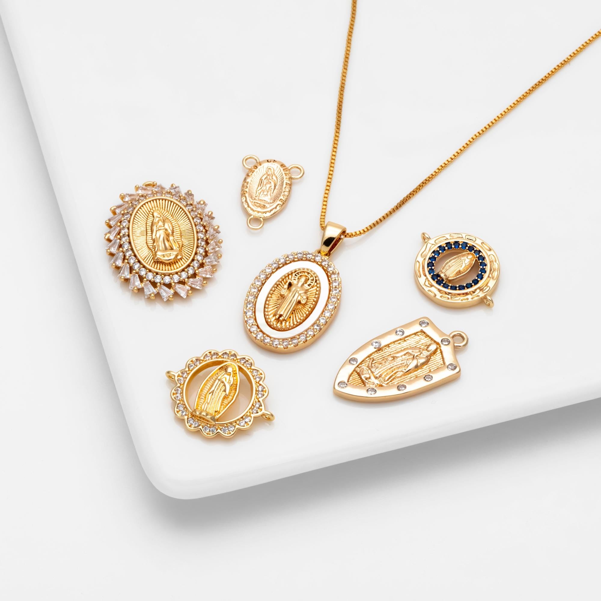 4pcs Gold Virgin Mother Mary Charm Connectors, Catholic Baptism Lady Guadalupe Charm, Medallion Religious Jewelry Craft (GB-4395)