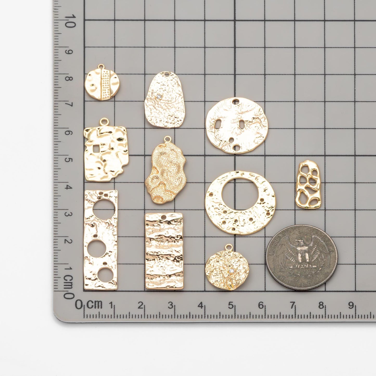 10pcs Gold Hammered Geometric Charms, 18K Gold plated Brass Rustic Pendants (GB-2977)