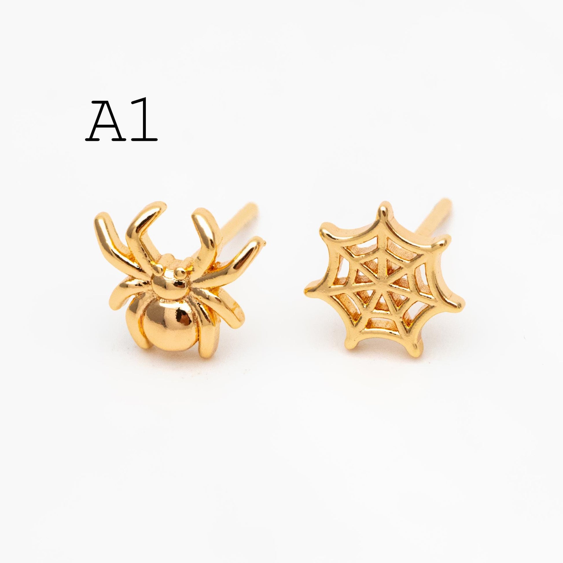 10pcs Gold/ Silver Spider Bat Earrings, Gold/ Rhodium Plated Brass Halloween Stud Earrings (GB-4110)