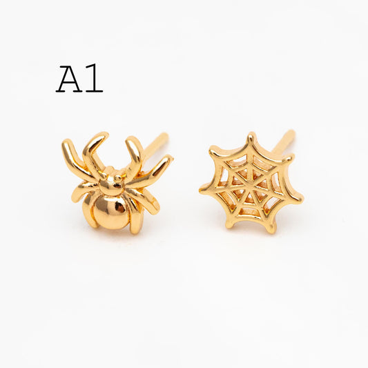 10pcs Gold/ Silver Spider Bat Earrings, Gold/ Rhodium Plated Brass Halloween Stud Earrings (GB-4110)