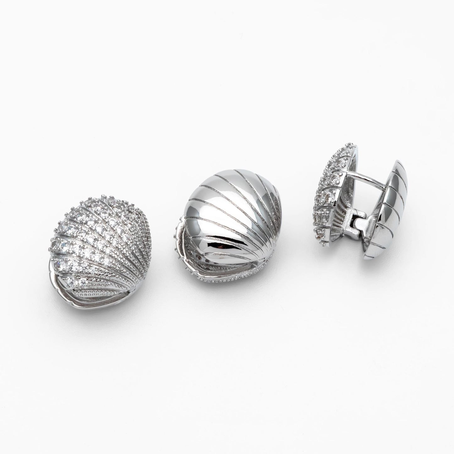 4pcs CZ Pave Gold/ Silver Shell Earrings, Gold/ Rhodium plated Brass, Dainty Seashell Hoop Earrings (GB-4347)