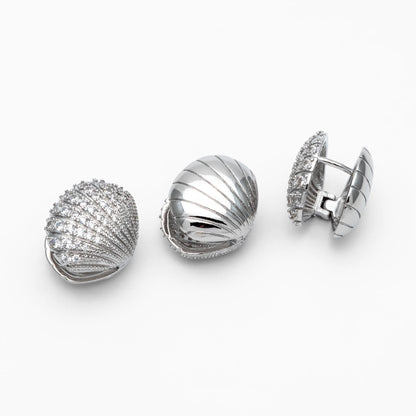 4pcs CZ Pave Gold/ Silver Shell Earrings, Gold/ Rhodium plated Brass, Dainty Seashell Hoop Earrings (GB-4347)