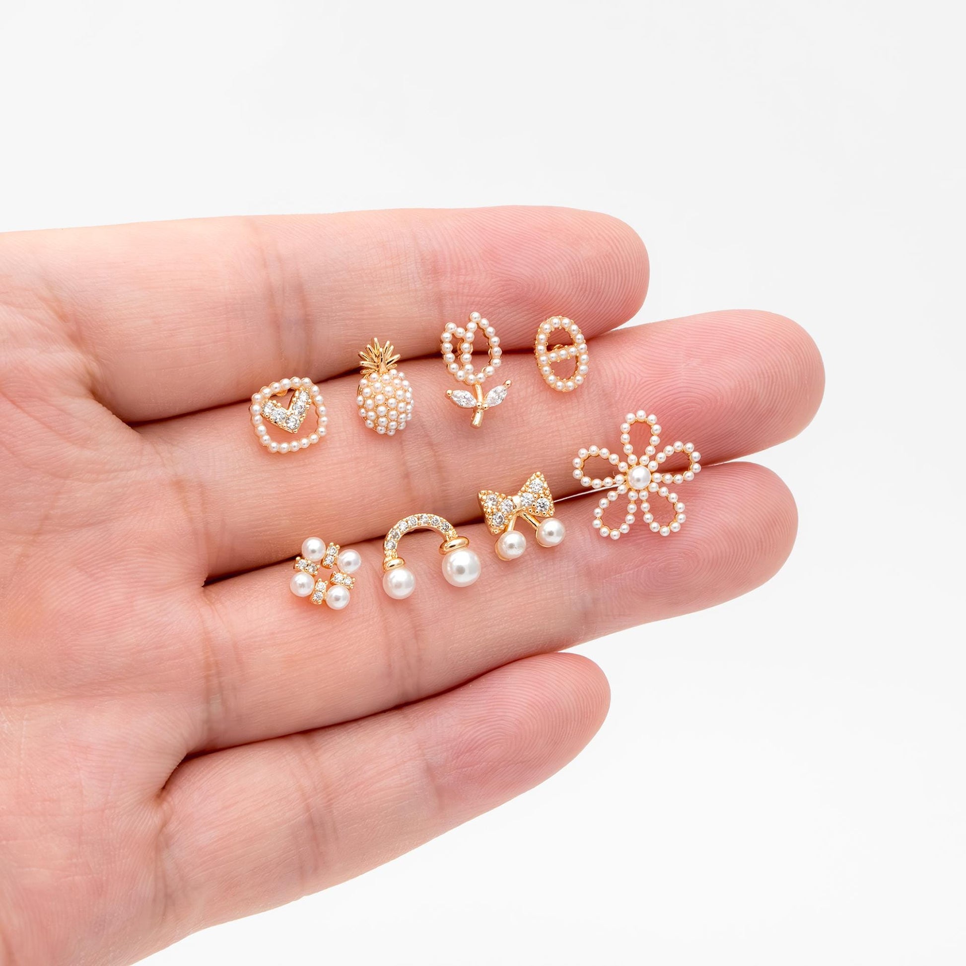 4pcs Gold/ Silver Faux Pearl Earrings, 18K Real Gold/ Rhodium Plated Brass, Dainty Stud Earring (#GB-4682)