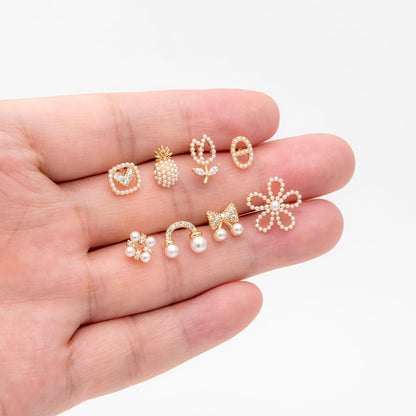 4pcs Gold/ Silver Faux Pearl Earrings, 18K Real Gold/ Rhodium Plated Brass, Dainty Stud Earring (#GB-4682)