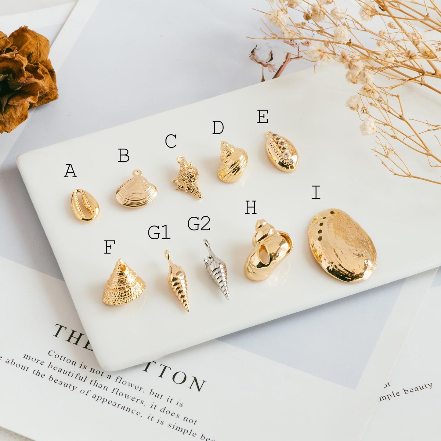 10pcs Gold/ Silver tone Seashell Charms , 18K Gold/ Rhodium plated Brass, Dainty Shell Dangle Pendants (GB-2680)