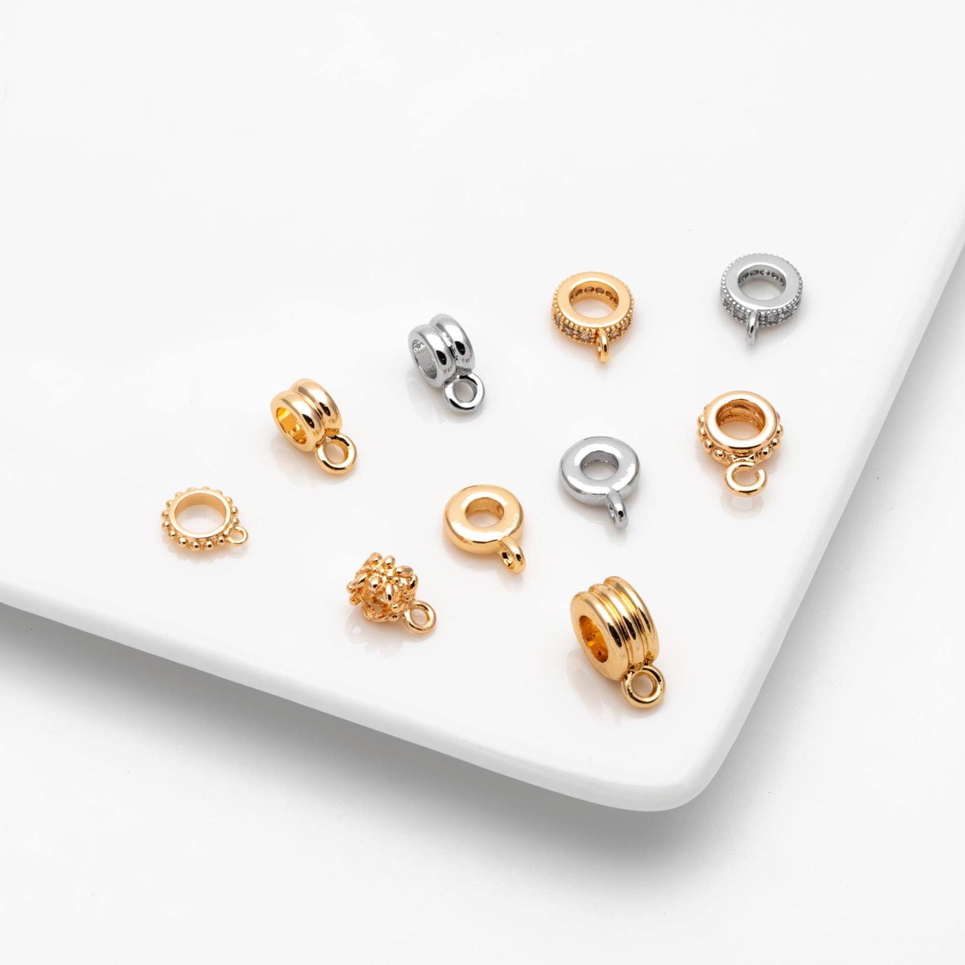 10pcs Gold/ Silver Bail Beads, Bail Charm Holder Spacer with Loop, Tube Bails, Cord Bails, Slider Bails, Spacer Ring (GB-1328)