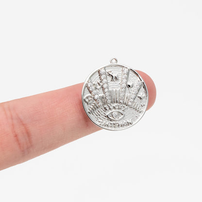 4pcs CZ Pave Gold/ Silver Tone Talisman Charm 20mm, Real Gold/ Rhodium plated Brass, Round Coin Disk Pendants (GB-1766-H)