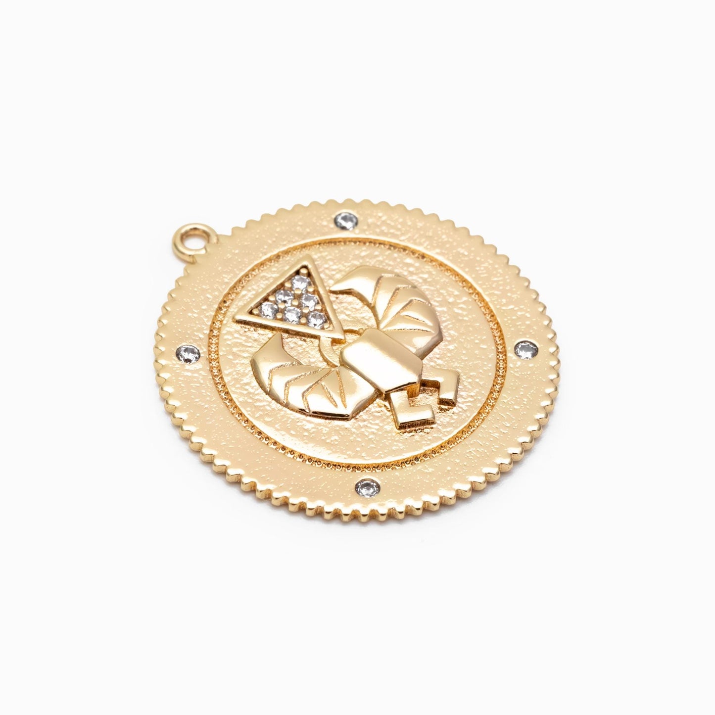 4pcs CZ Pave Gold Cancer Charm, Real Gold plated Brass, Round Coin Disk Pendants (GB-1872-E)