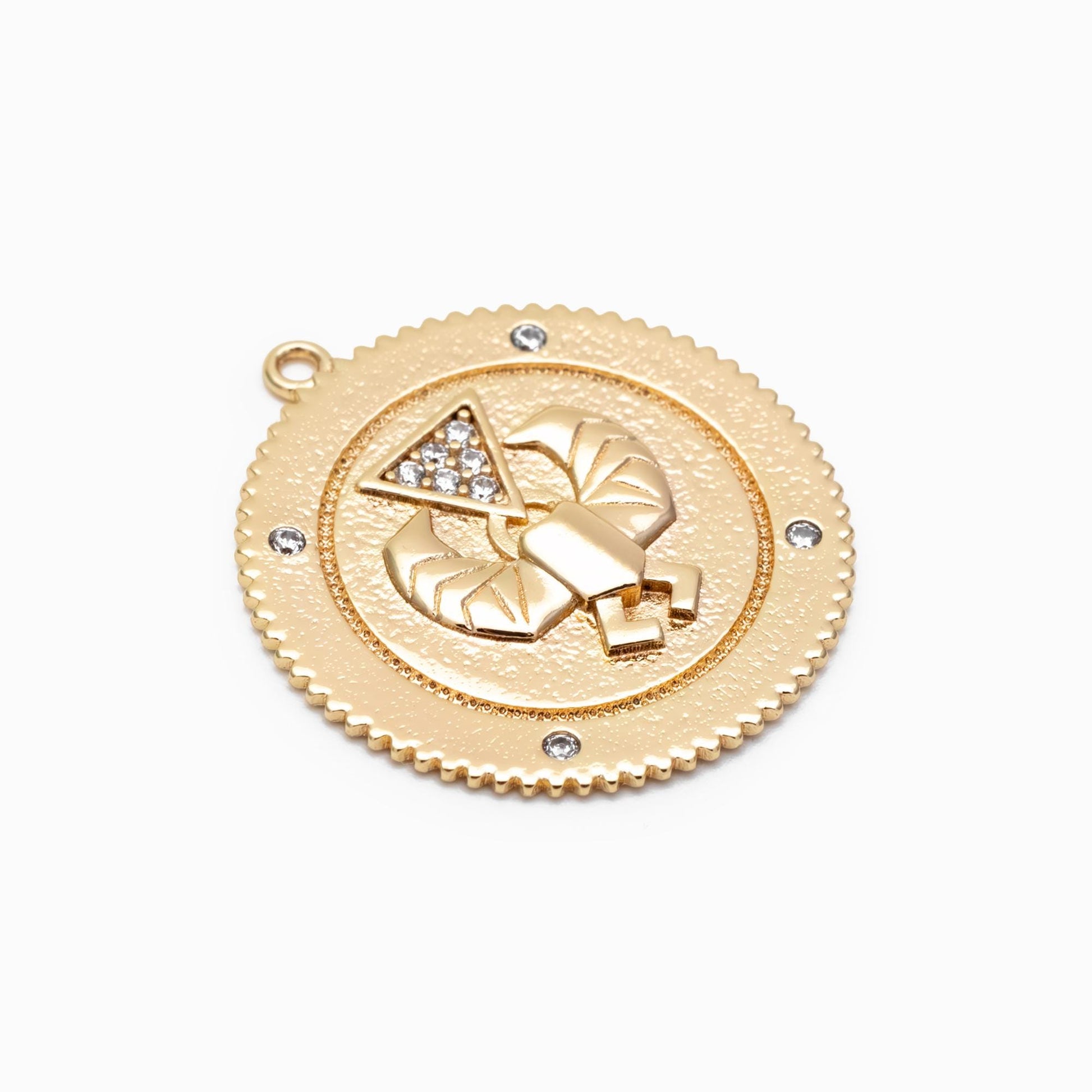 4pcs CZ Pave Gold Cancer Charm, Real Gold plated Brass, Round Coin Disk Pendants (GB-1872-E)