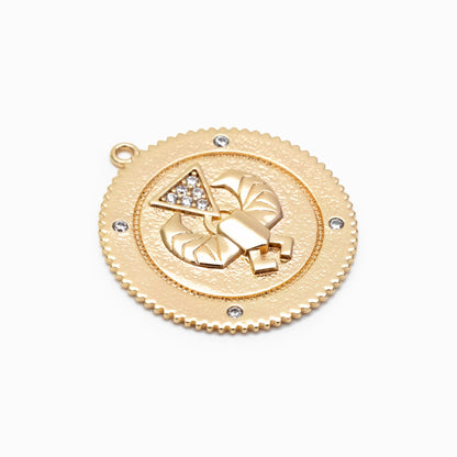 4pcs CZ Pave Gold Cancer Charm, Real Gold plated Brass, Round Coin Disk Pendants (GB-1872-E)