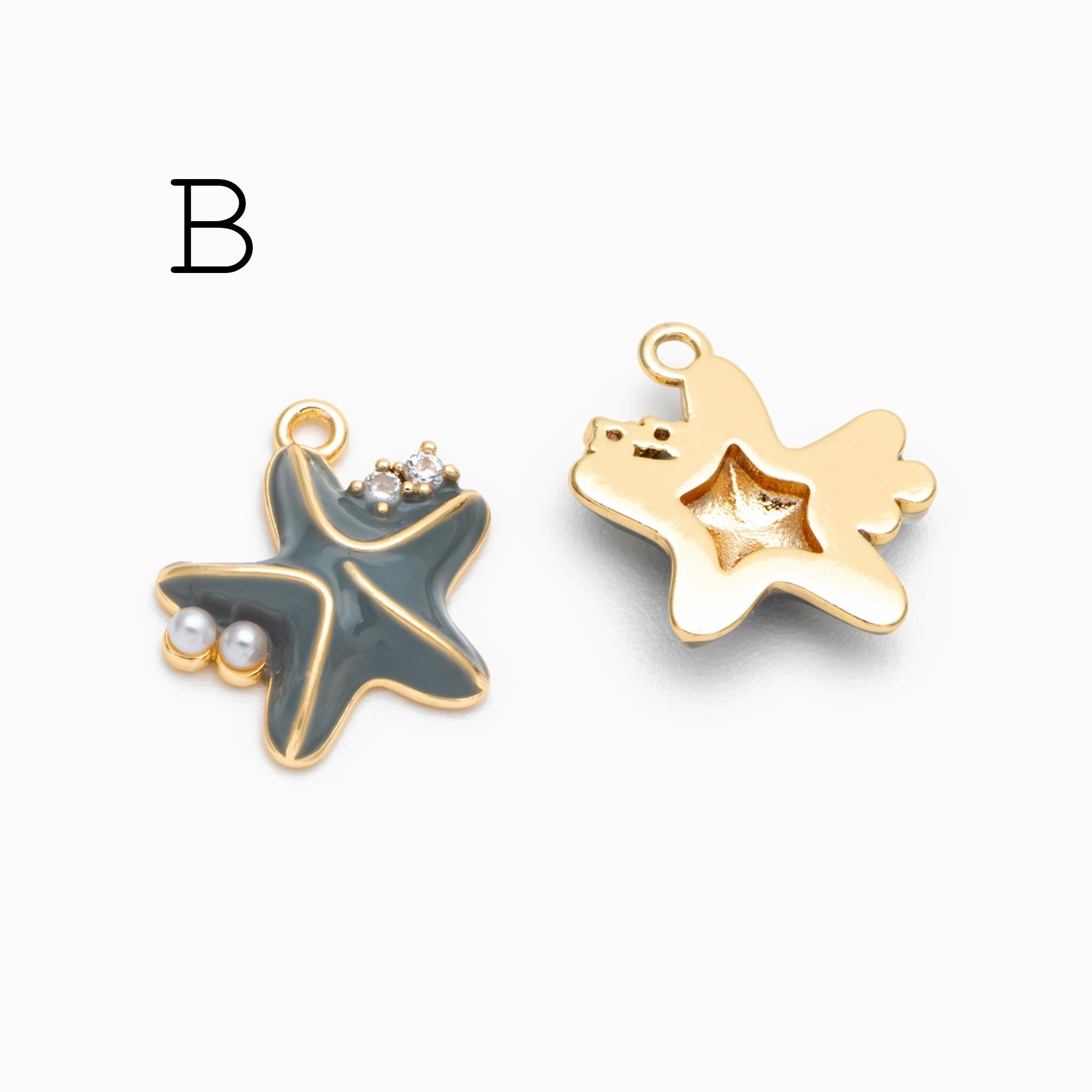 4pcs CZ Pave Enamel Seahorse and Starfish Charms, Gold plated Brass Marine Animal Charms (GB-4679)