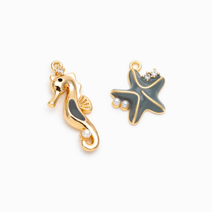 4pcs CZ Pave Enamel Seahorse and Starfish Charms, Gold plated Brass Marine Animal Charms (GB-4679)