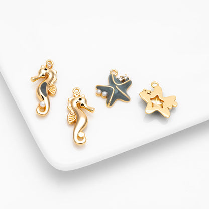 4pcs CZ Pave Enamel Seahorse and Starfish Charms, Gold plated Brass Marine Animal Charms (GB-4679)