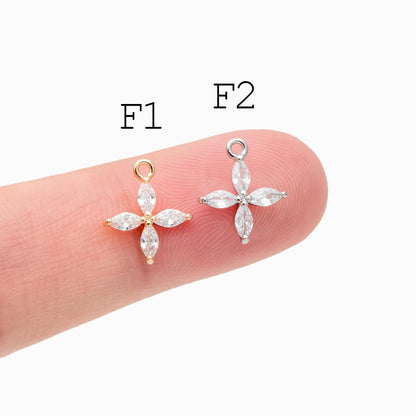 4pcs Gold/ Silver CZ Flower Charms , Real Gold/ Rhodium plated Brass, Cubic Zirconia Flower Pendants (GB-584)