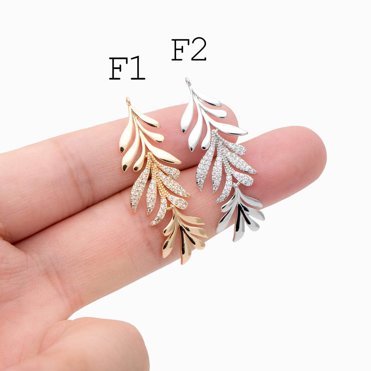 4pcs Gold/ Silver Tone CZ Pave Flower Leaf Charms , Real Gold/ Rhodium plated Brass, Dainty Earring Pendants (GB-978)