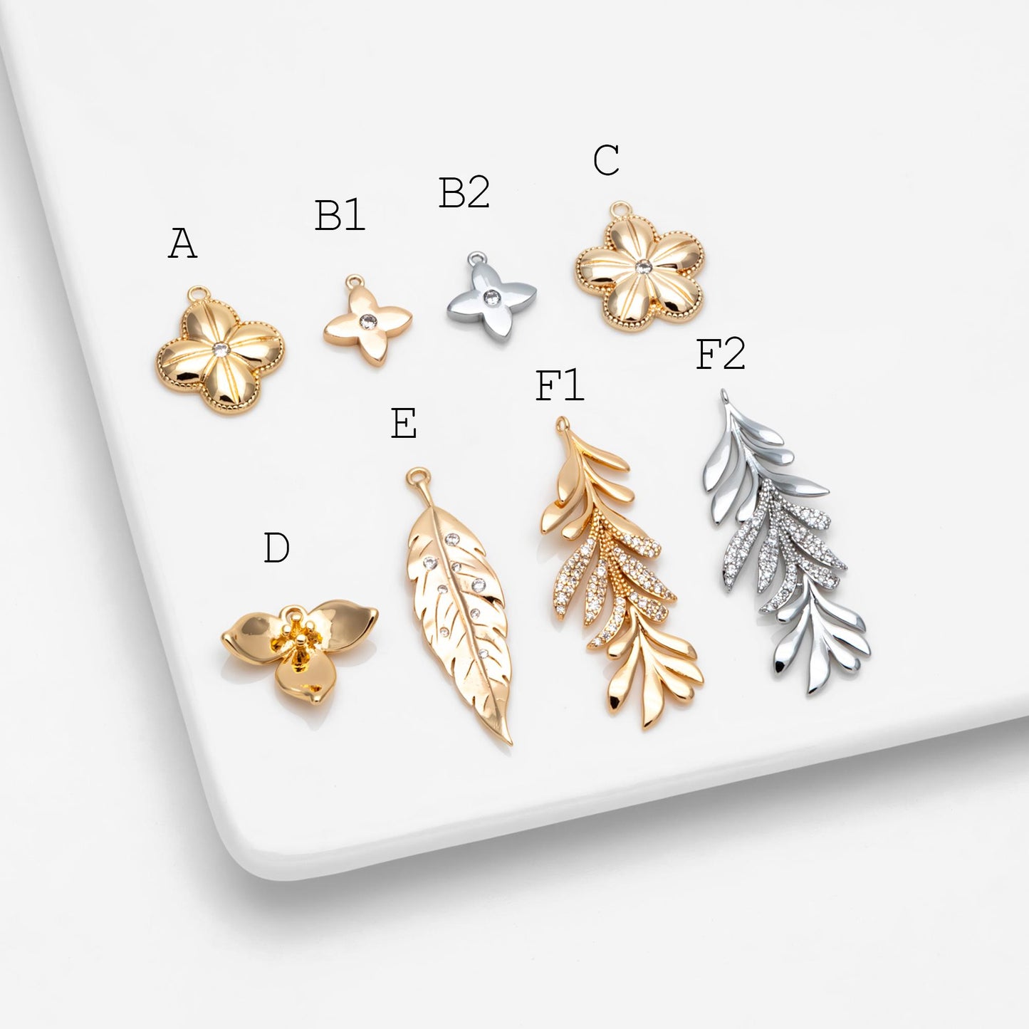 4pcs Gold/ Silver Tone CZ Pave Flower Leaf Charms , Real Gold/ Rhodium plated Brass, Dainty Earring Pendants (GB-978)