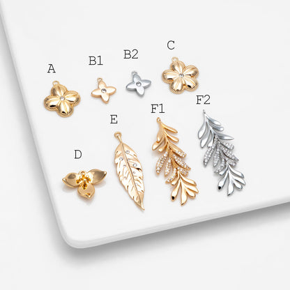 4pcs Gold/ Silver Tone CZ Pave Flower Leaf Charms , Real Gold/ Rhodium plated Brass, Dainty Earring Pendants (GB-978)