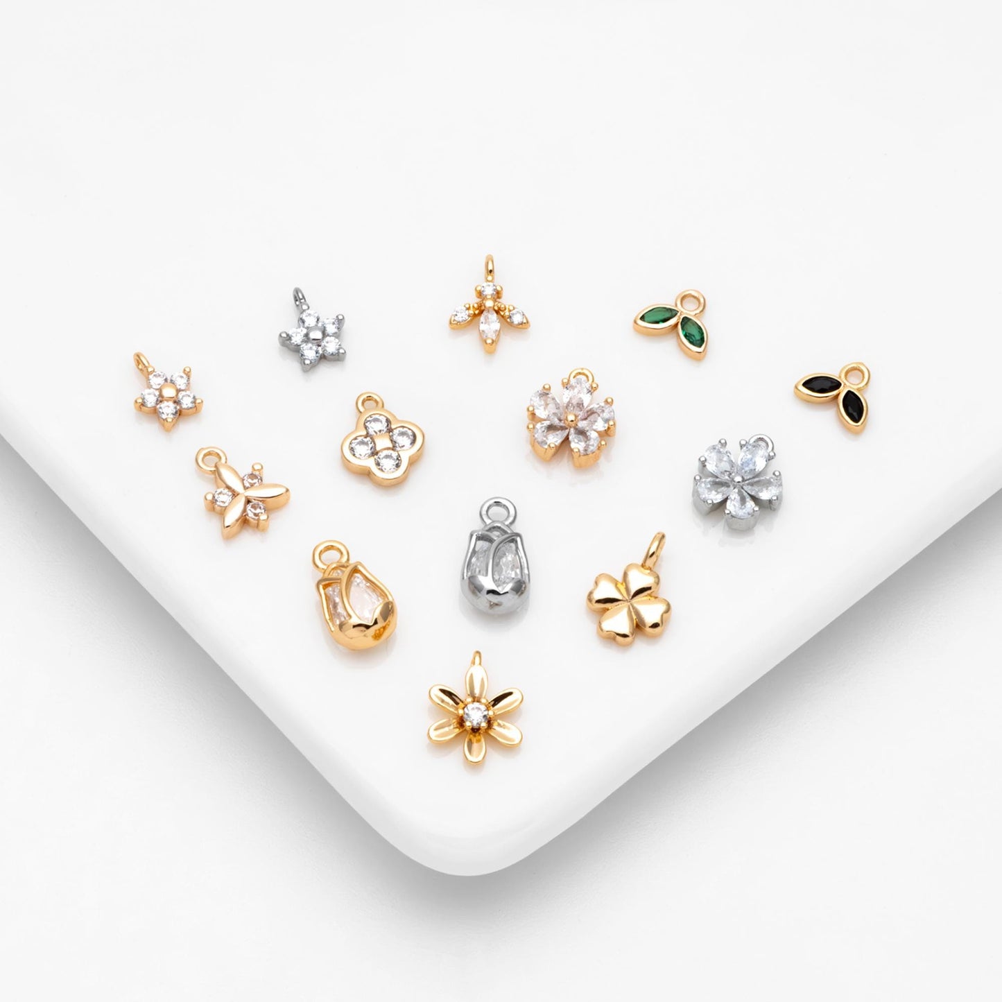 10pcs Gold/ Silver Tone Flower Leaf Charms, 18K Real Gold/ Rhodium plated Brass, Tiny Floral Pendants (GB-1762)