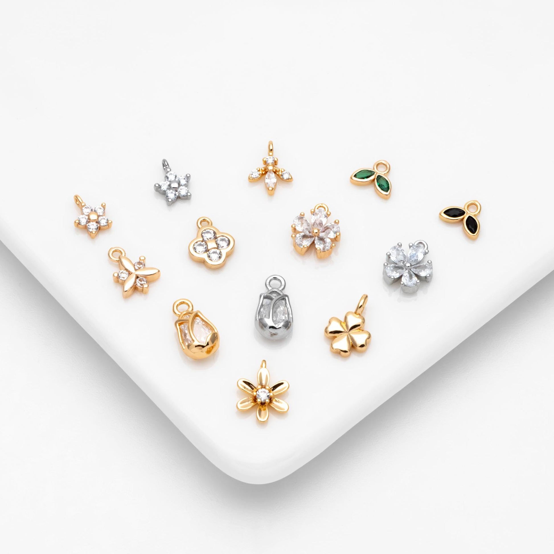 10pcs Gold/ Silver Tone Flower Leaf Charms, 18K Real Gold/ Rhodium plated Brass, Tiny Floral Pendants (GB-1762)