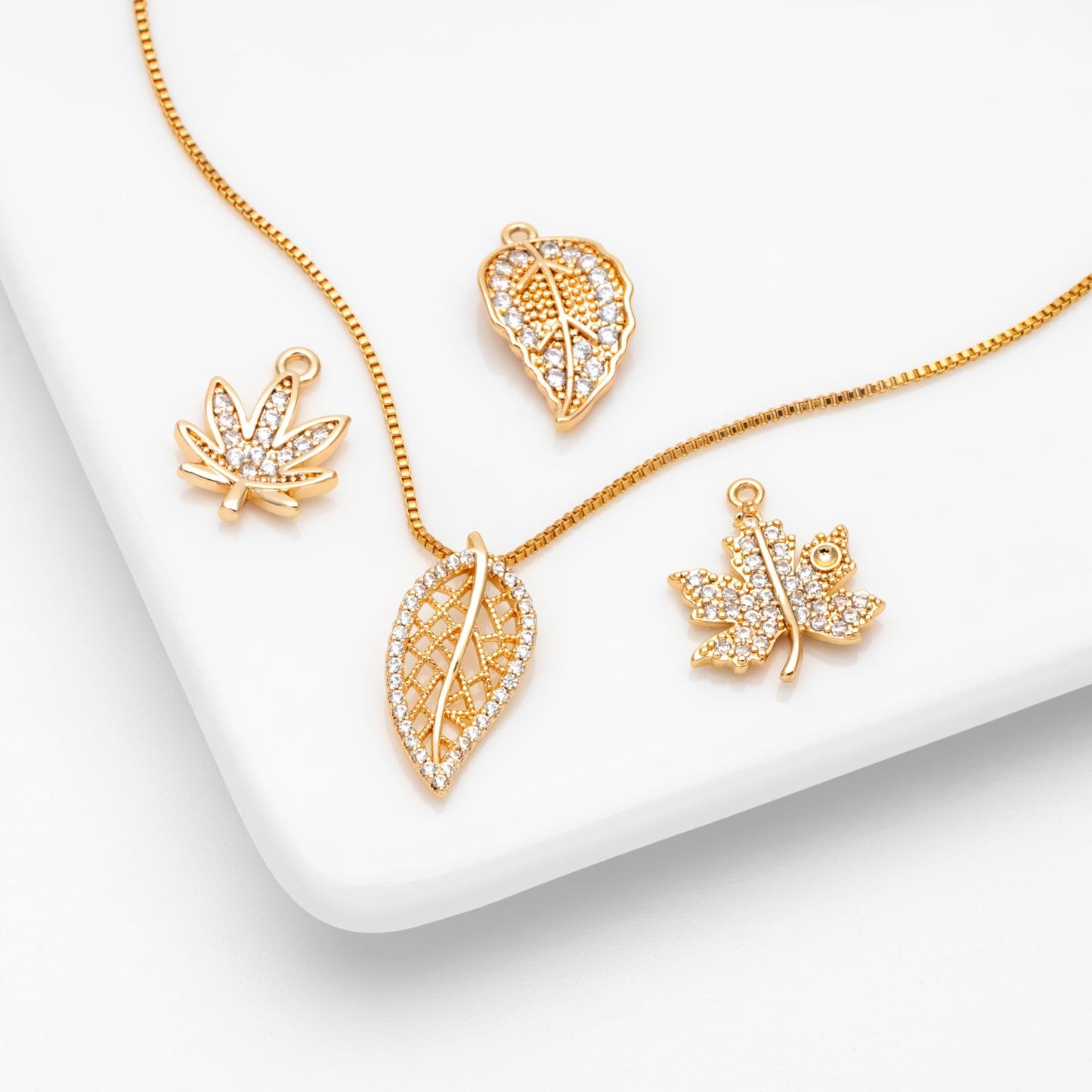 4pcs CZ Pave Gold Leaf Charms, Real Gold Plated Brass, Dainty Leaf Pendants (GB-1312)