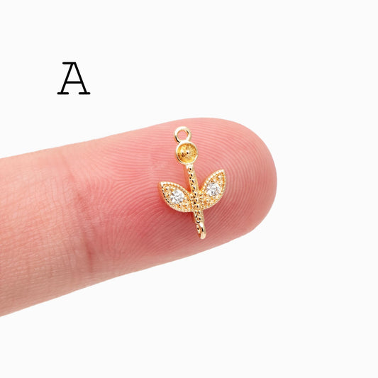 10pcs CZ pave Gold Leaf Charm Connectors , 18K Gold plated Brass Branch Pendants (GB-3145)