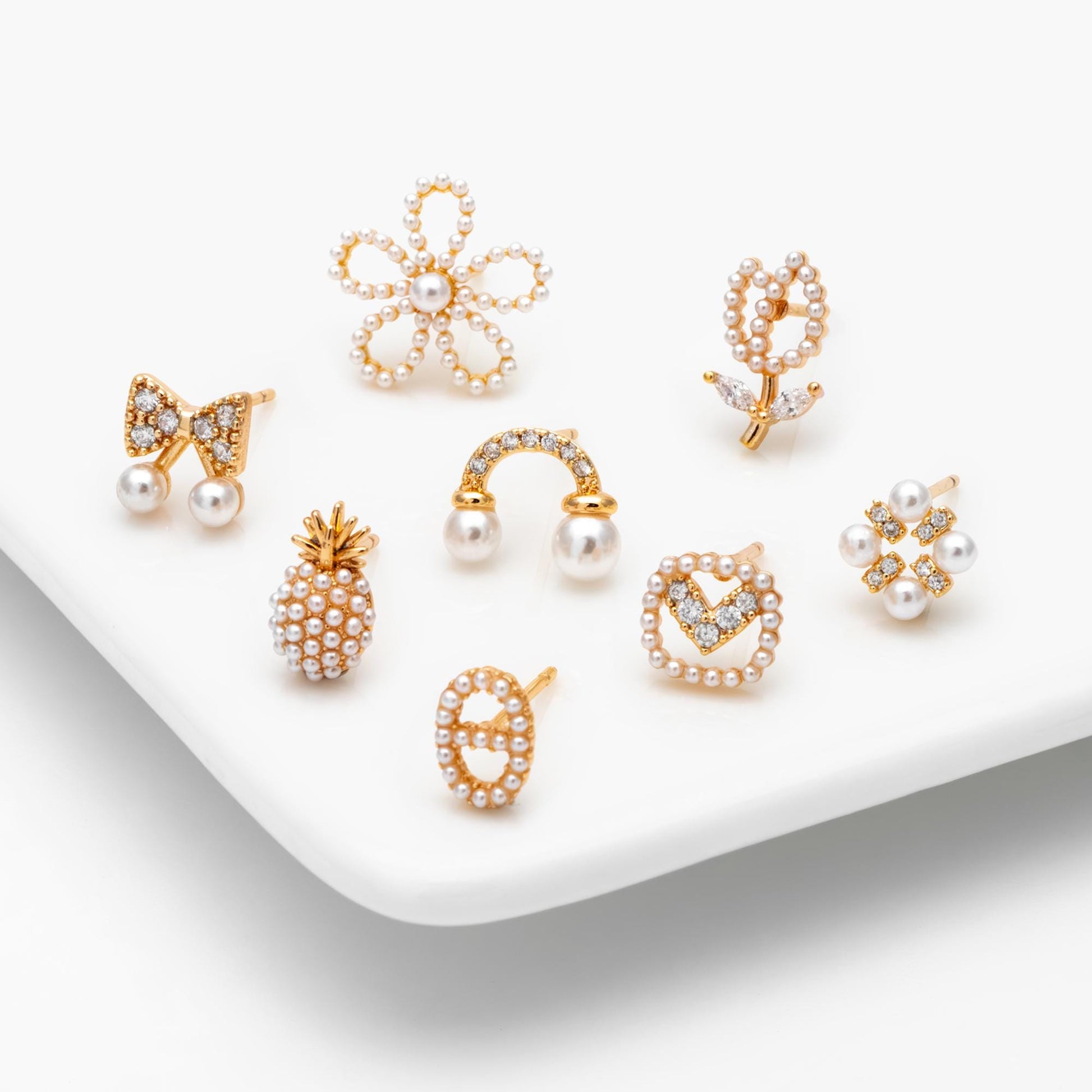 4pcs Gold/ Silver Faux Pearl Earrings, 18K Real Gold/ Rhodium Plated Brass, Dainty Stud Earring (#GB-4682)