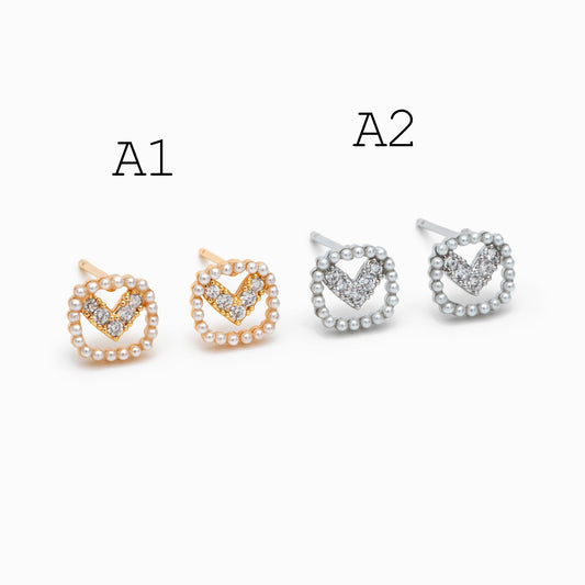 4pcs Gold/ Silver Faux Pearl Earrings, 18K Real Gold/ Rhodium Plated Brass, Dainty Stud Earring (#GB-4682)