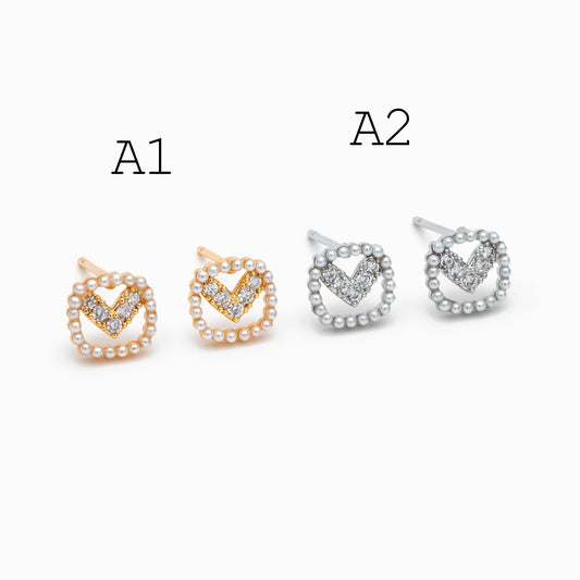 4pcs Gold/ Silver Faux Pearl Earrings, 18K Real Gold/ Rhodium Plated Brass, Dainty Stud Earring (#GB-4682)