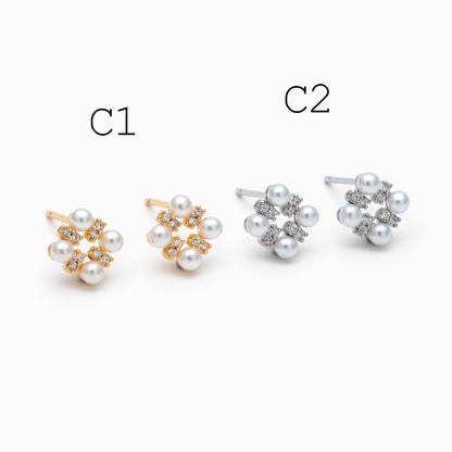 4pcs Gold/ Silver Faux Pearl Earrings, 18K Real Gold/ Rhodium Plated Brass, Dainty Stud Earring (#GB-4682)