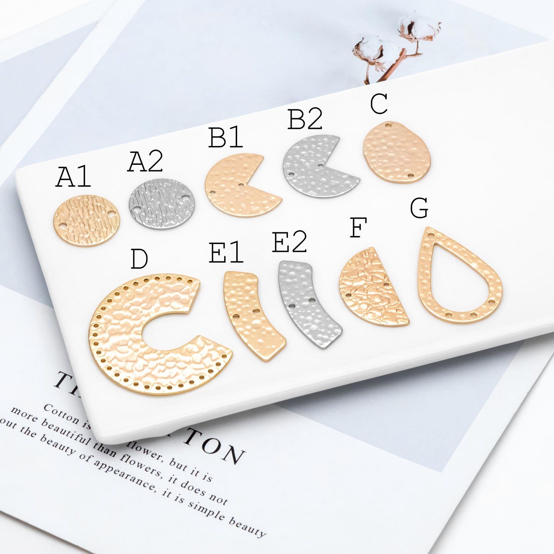 10pcs Gold/ Silver tone Hammered Geometric Charm Connectors, Gold/ Rhodium plated Brass Rustic Pendants (GB-654)