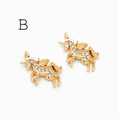 4pcs CZ pave Gold Unicorn Charms, 18k Real Gold plated Brass, Cute Earring Charms (GB-730)