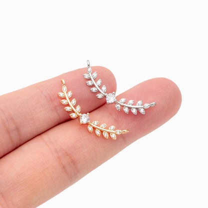 4pcs CZ Pave Gold/ Silver Leaf Charm Connector 26x9mm, Gold/ Rhodium plated Brass, Cubic Zirconia Setting Diy Supplies (#GB-3669-C)